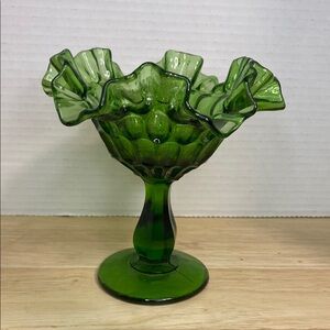 Green Ruffled Glass Compote